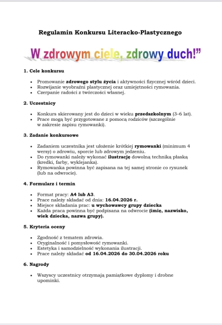 Konkurs literacko-plastyczny ''W zdrowym ciele, zdrowy duch!''